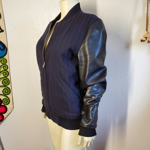 Louis W APC Navy Bomber Jacket Leather Sleeves - Picture 3 of 11